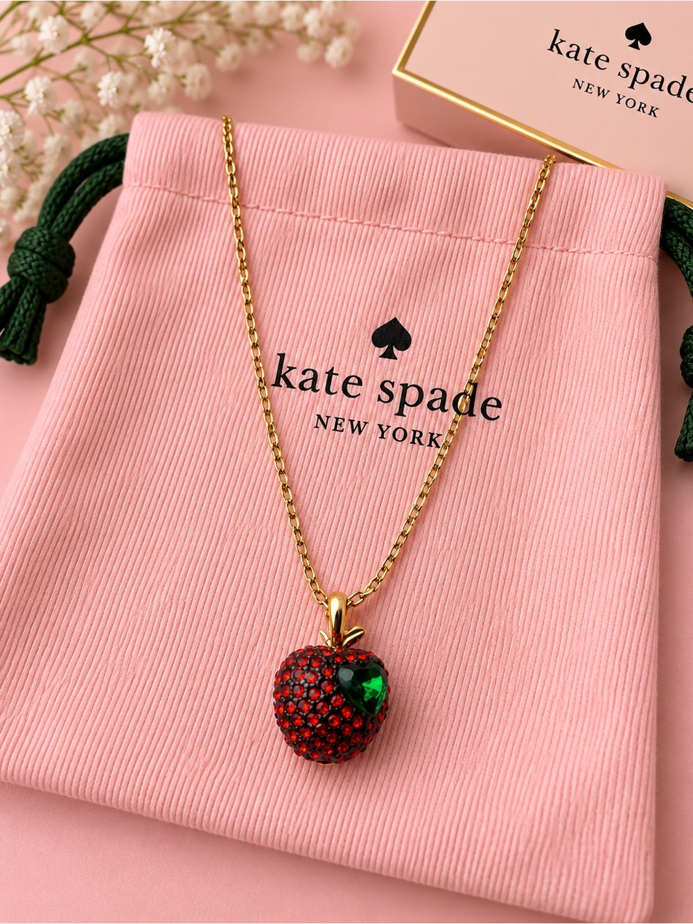 kate spade gold-tone necklace with red crystal apple and green leaf